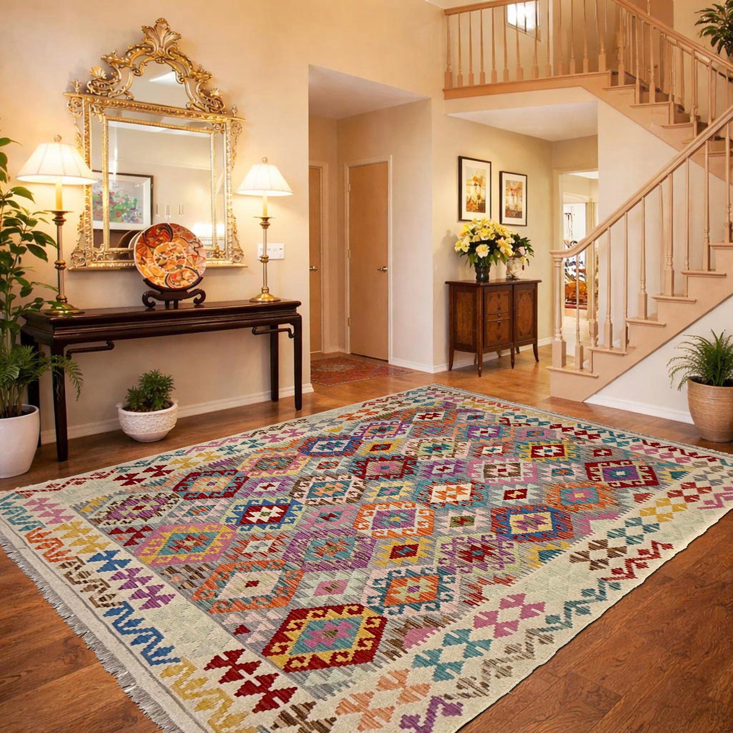 Hand-Knotted Multi Geometric Vegetable Kilim Area Rug – 6' 1" x 7' 9" ft (186 x 237 cm) | SKU: Y39662