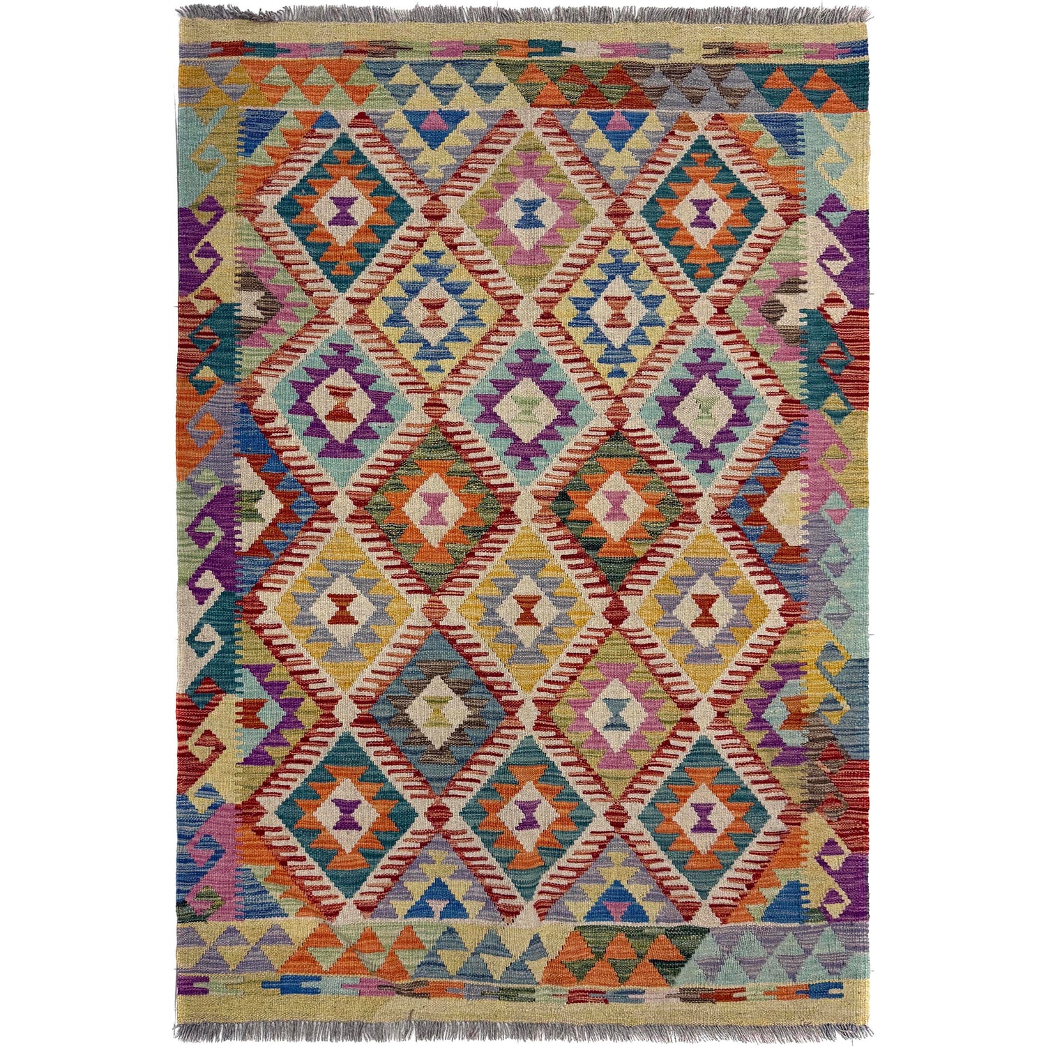 Hand-Knotted Multi Geometric Vegetable Kilim Area Rug – 4' 2" x 5' 10" ft (128 x 177 cm) | SKU: Y39663