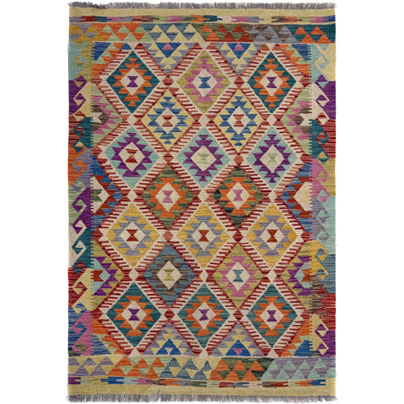 Hand-Knotted Multi Geometric Vegetable Kilim Area Rug – 4' 2" x 5' 10" ft (128 x 177 cm) | SKU: Y39663