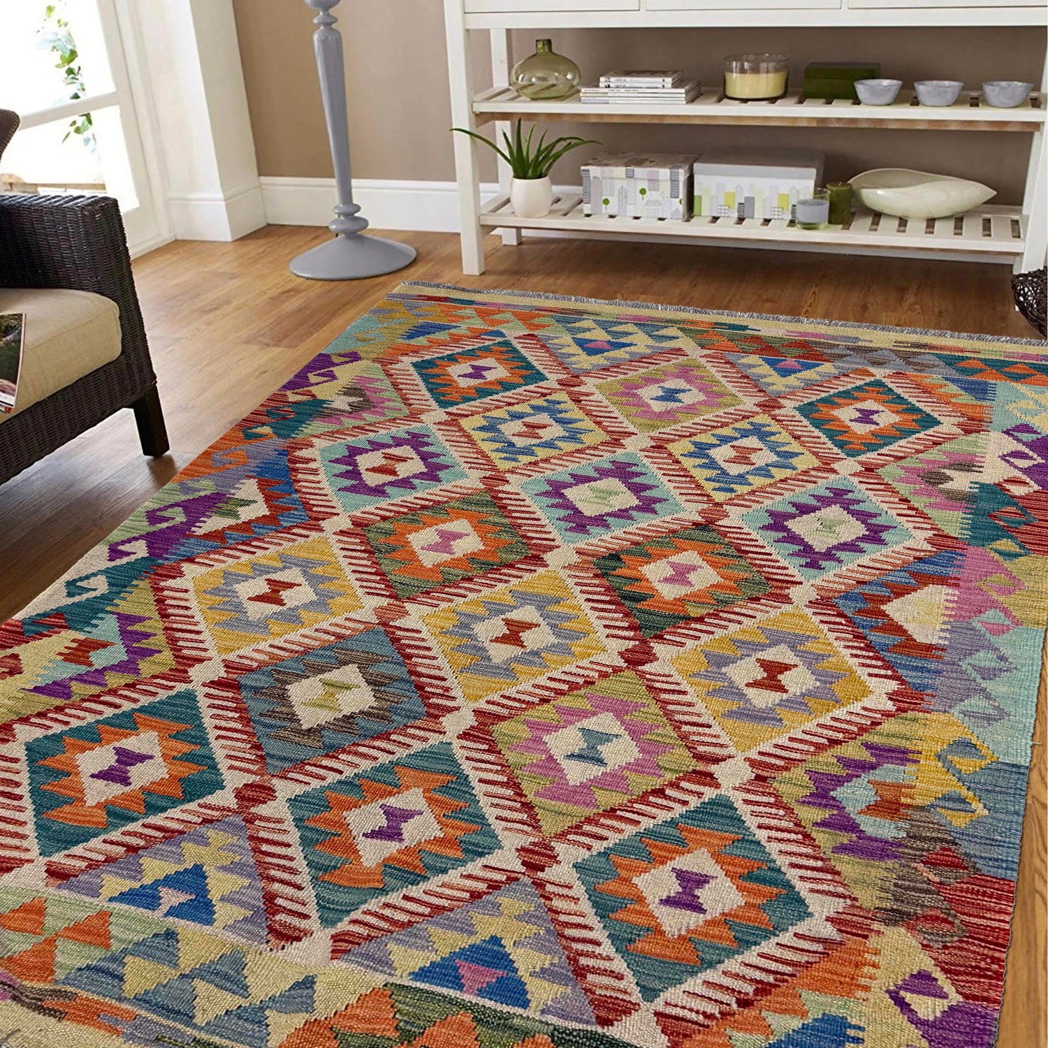 Hand-Knotted Multi Geometric Vegetable Kilim Area Rug – 4' 2" x 5' 10" ft (128 x 177 cm) | SKU: Y39663