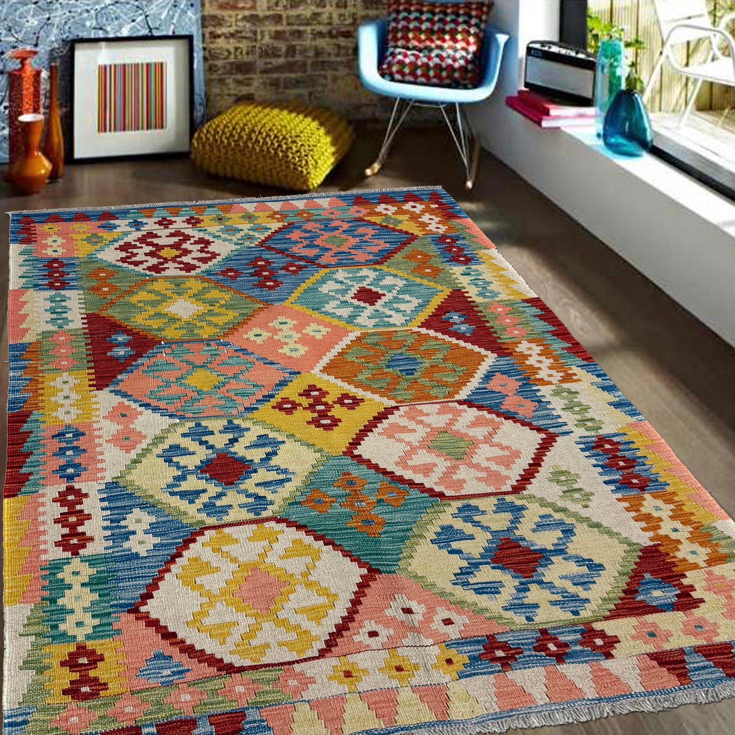 Handmade Turkish Design Wool Kilim – 4' 1" x 5' 10" ft (124 x 178 cm) | SKU: Y39670