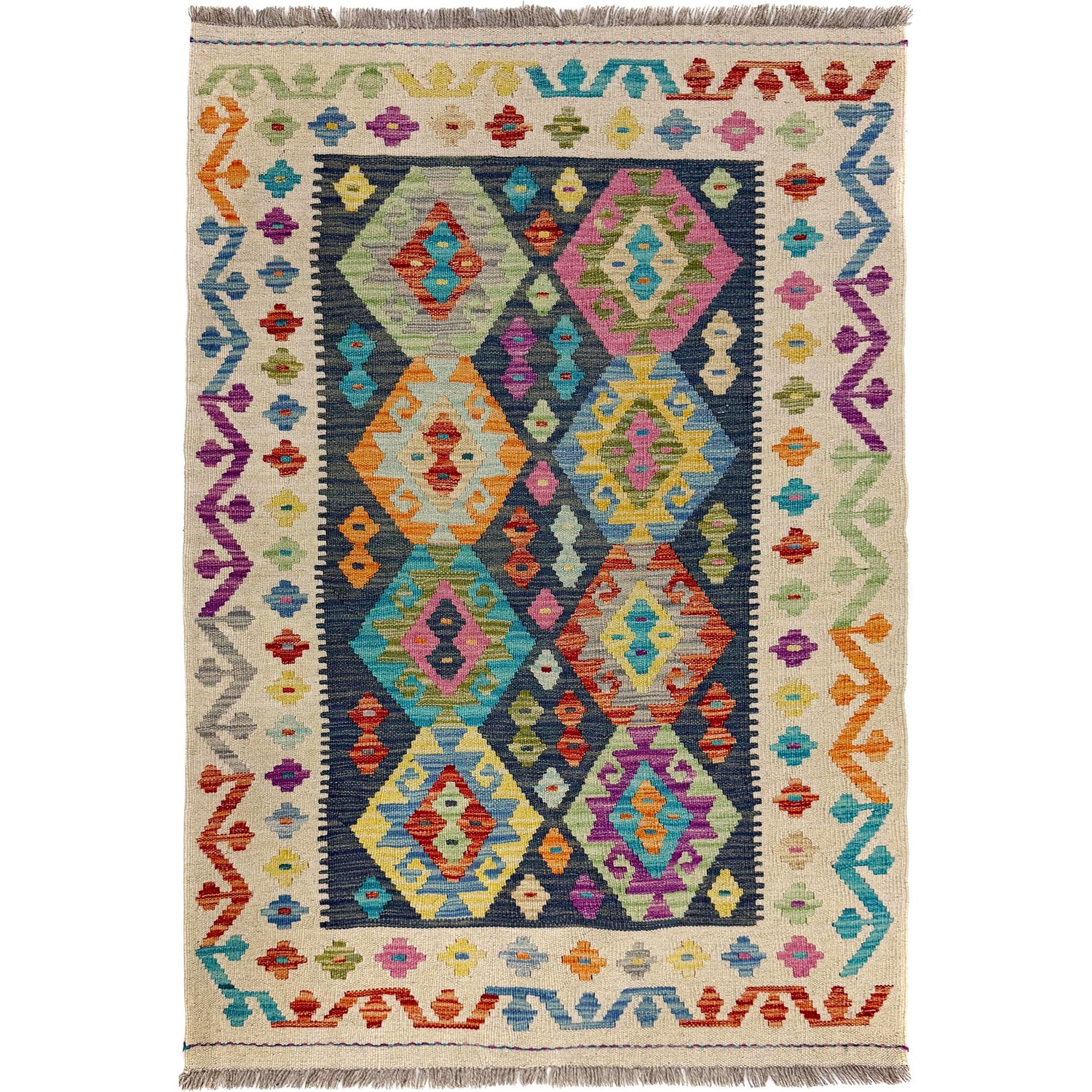 Hand-Knotted Multi Geometric Vegetable Kilim Area Rug – 3' 3" x 4' 11" ft (100 x 149 cm) | SKU: Y39671