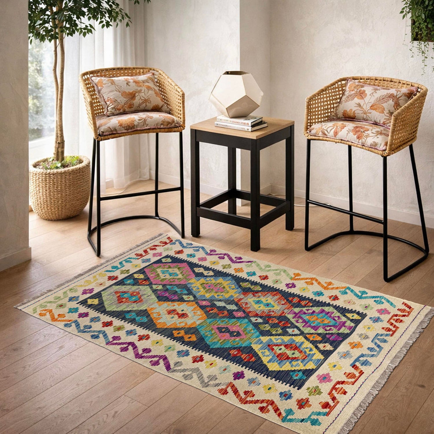 Hand-Knotted Multi Geometric Vegetable Kilim Area Rug – 3' 3" x 4' 11" ft (100 x 149 cm) | SKU: Y39671