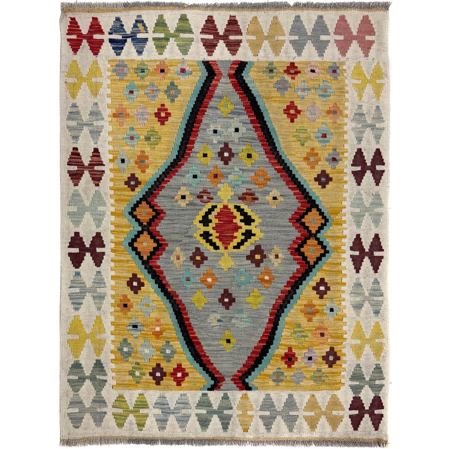 Hand-Knotted Multi Geometric Vegetable Kilim Area Rug – 3' 5" x 4' 9" ft (105 x 145 cm) | SKU: Y39674