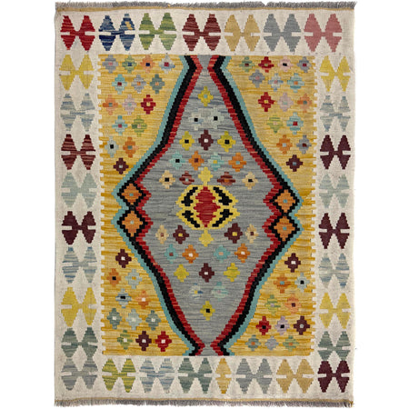 Hand-Knotted Multi Geometric Vegetable Kilim Area Rug – 3' 5" x 4' 9" ft (105 x 145 cm) | SKU: Y39674