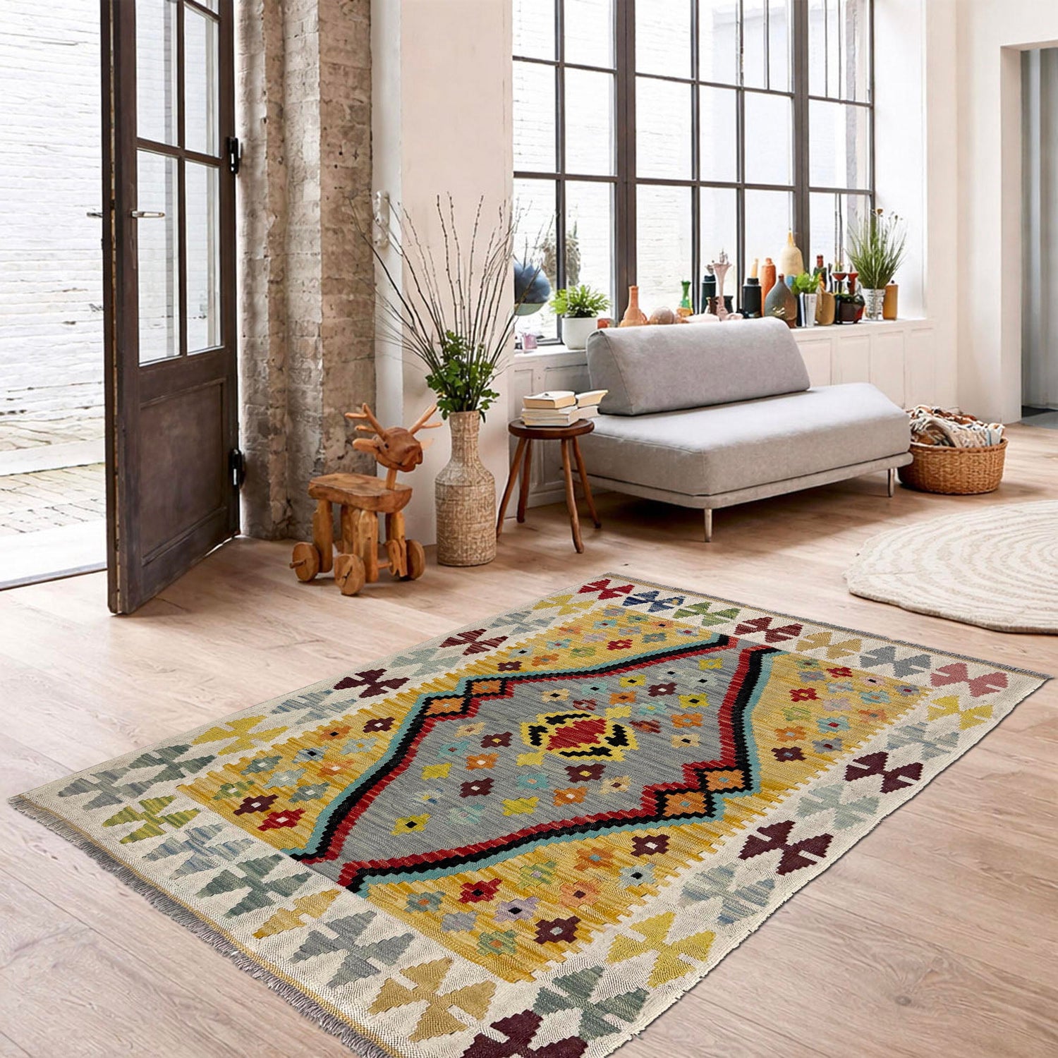 Hand-Knotted Multi Geometric Vegetable Kilim Area Rug – 3' 5" x 4' 9" ft (105 x 145 cm) | SKU: Y39674