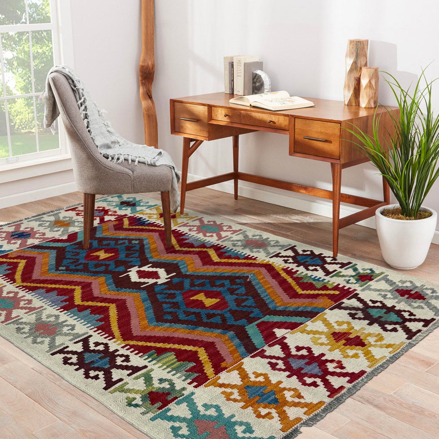 Handmade Vegetable Kelim – 3' 5" x 4' 11" ft (103 x 150 cm) | SKU: Y39678