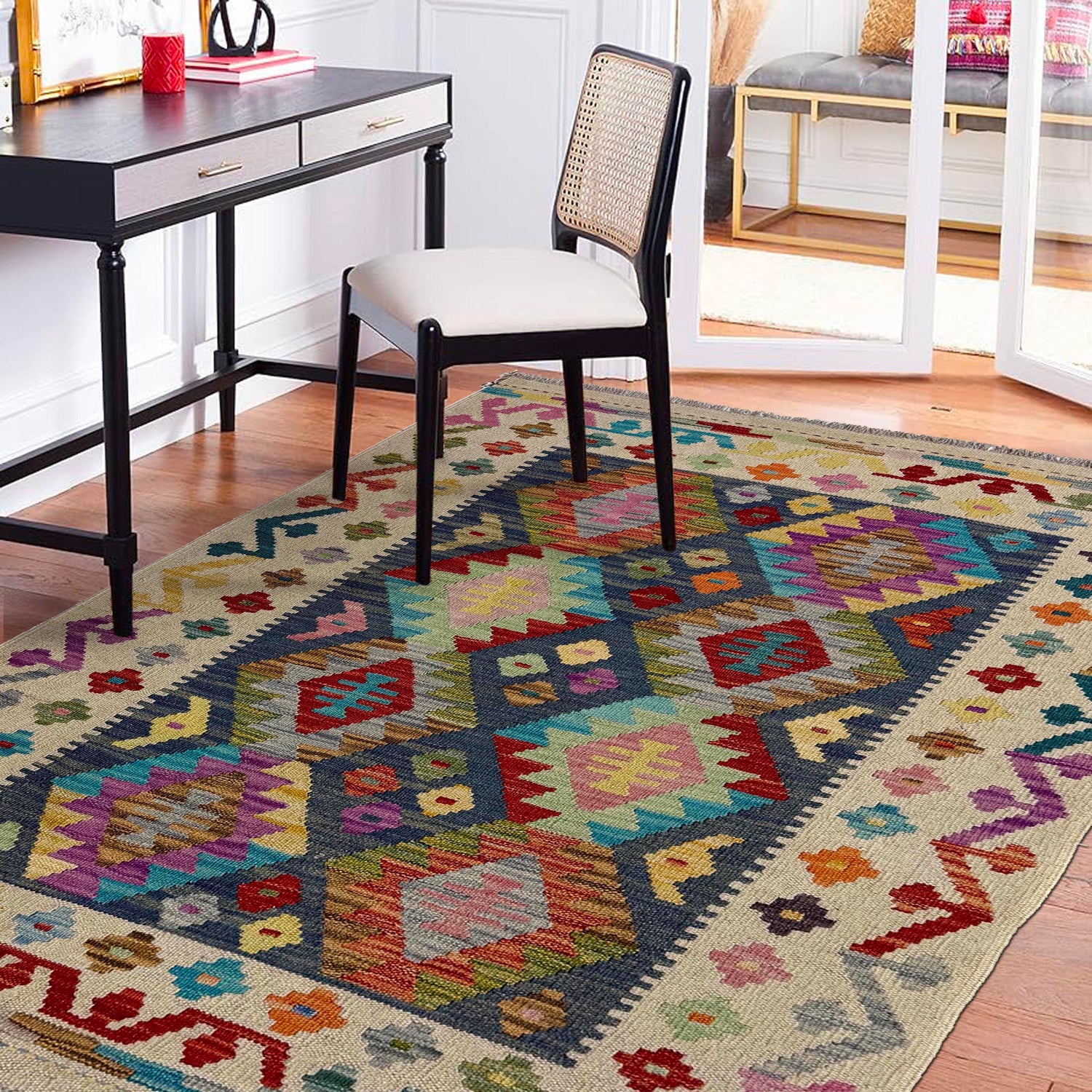 Handmade Turkish Design Wool Kilim – 3' 5" x 4' 10" ft (103 x 148 cm) | SKU: Y39679