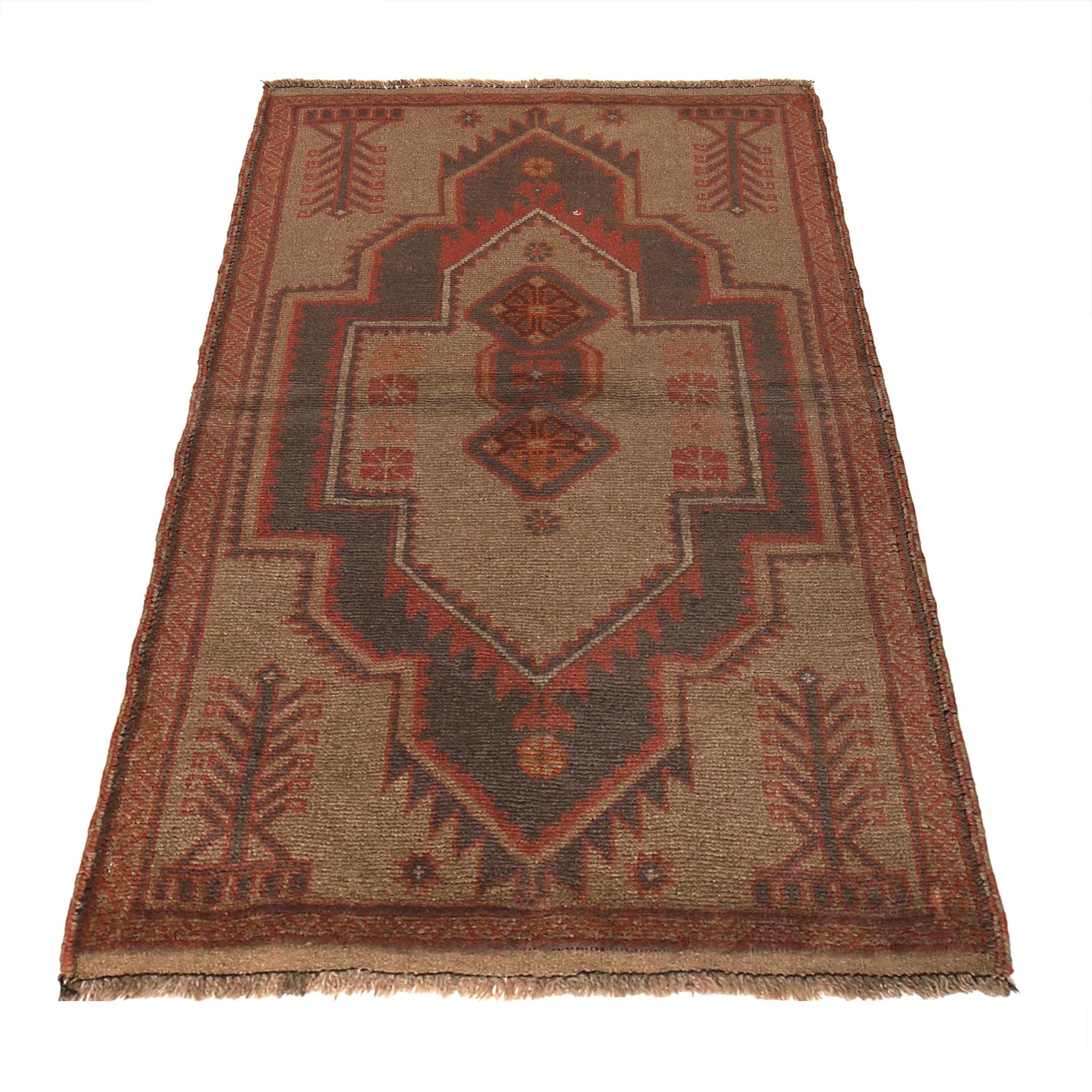 Overdyed Area Rug Handmade Brown Geometric 3x5 ft