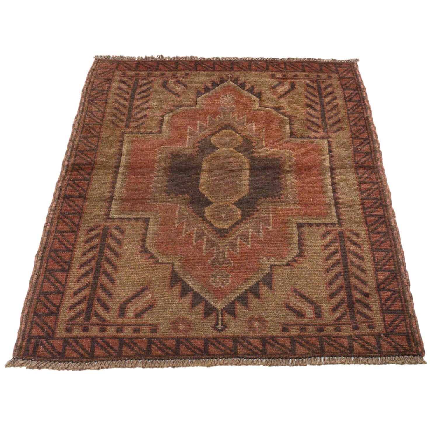 Overdyed Area Rug Handmade Brown Geometric 2x4 ft