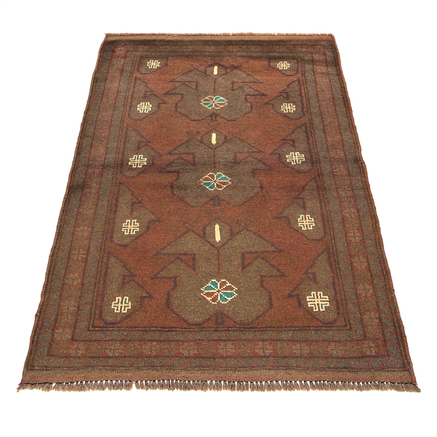 Overdyed Area Rug Handmade Brown Geometric 2x4 ft