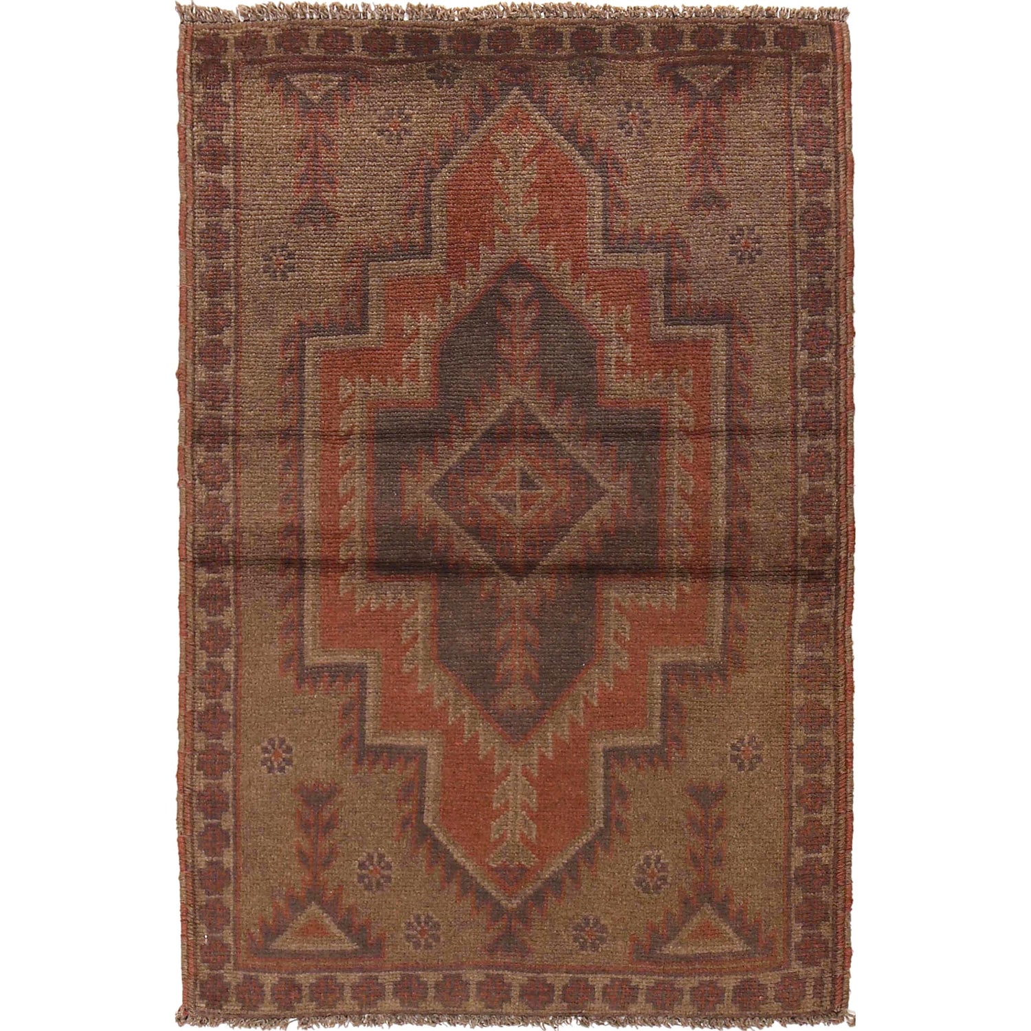 Overdyed Area Rug Handmade Brown Geometric 3x5 ft