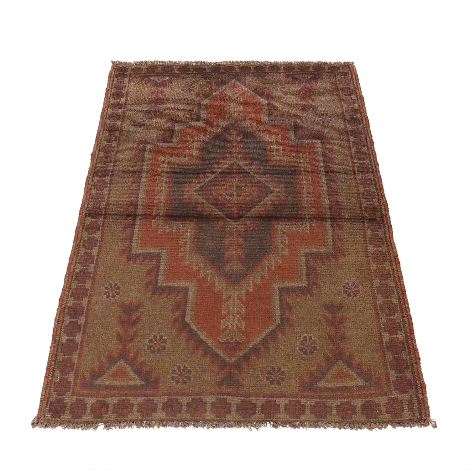 Overdyed Area Rug Handmade Brown Geometric 3x5 ft