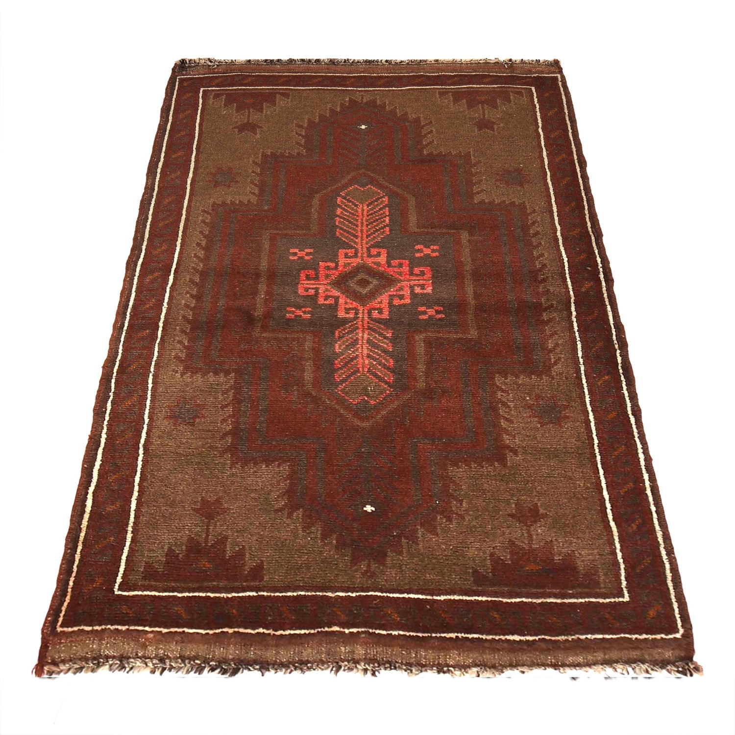 Overdyed Area Rug Handmade Brown Geometric 3x5 ft