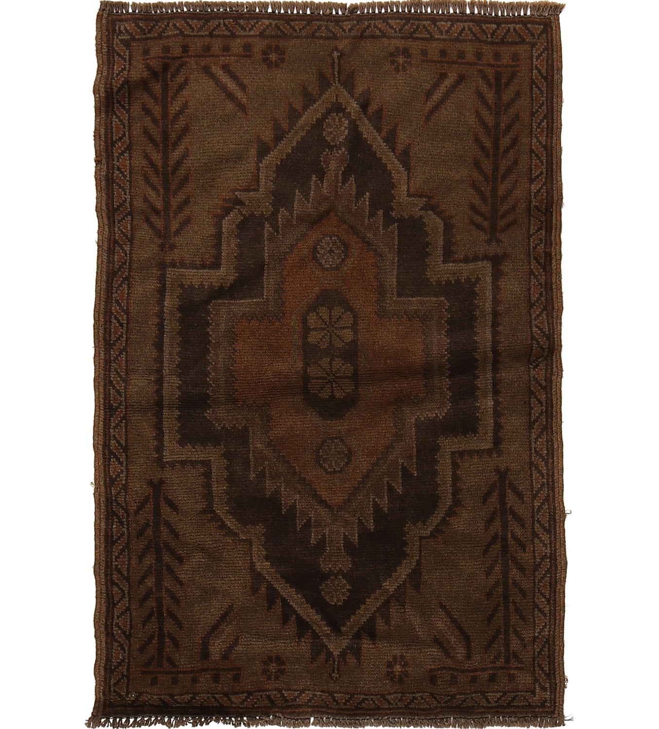 Overdyed Area Rug Handmade Brown Geometric 2x4 ft