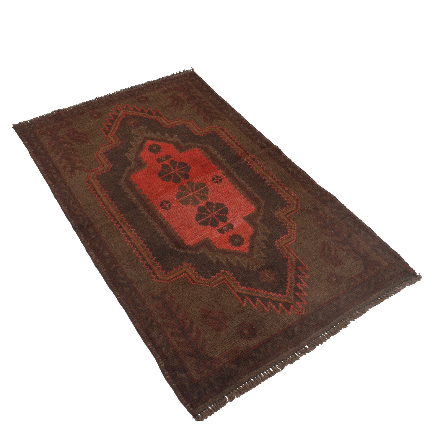 Overdyed Area Rug Handmade Brown Geometric 3x5 ft