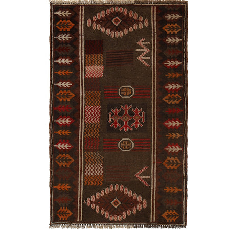 Overdyed Area Rug Handmade Brown Geometric 3x5 ft