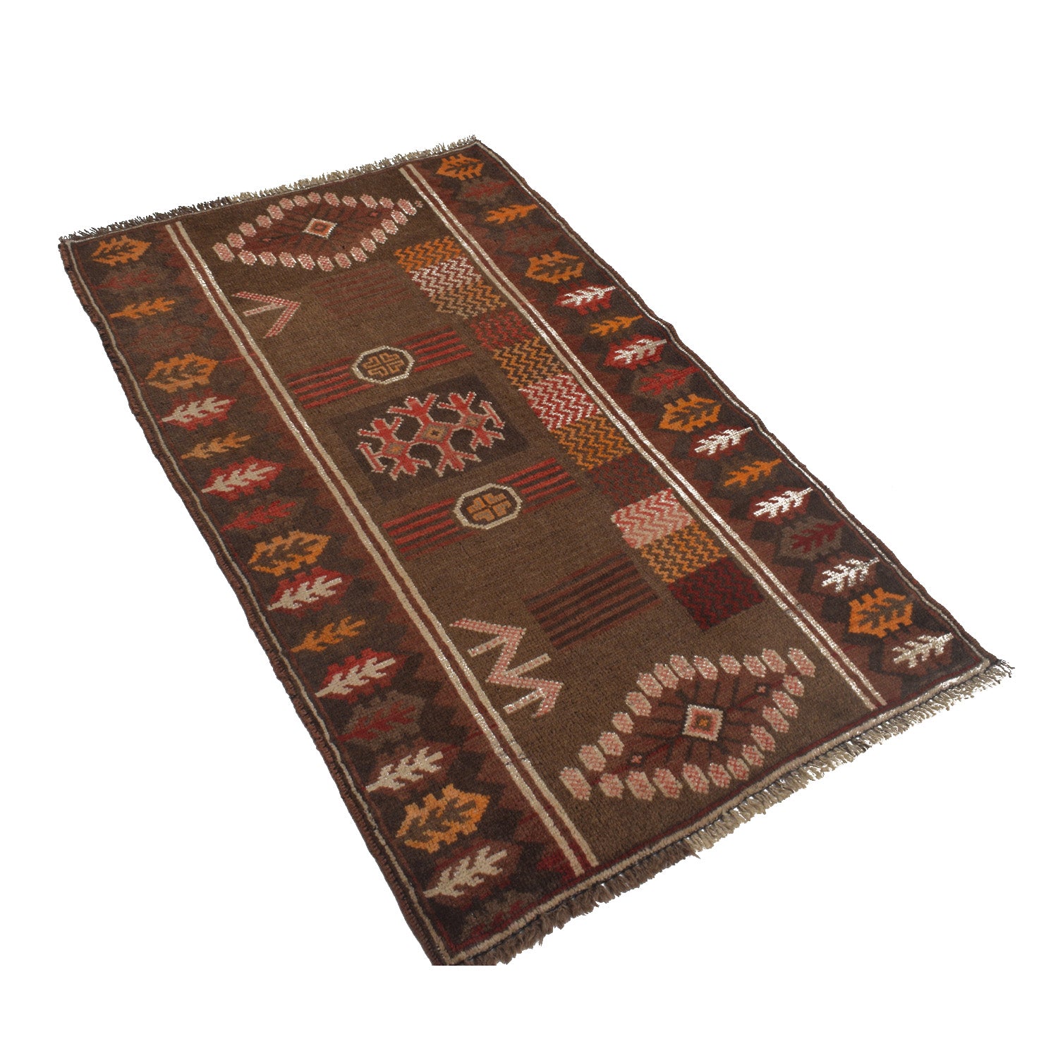 Overdyed Area Rug Handmade Brown Geometric 3x5 ft