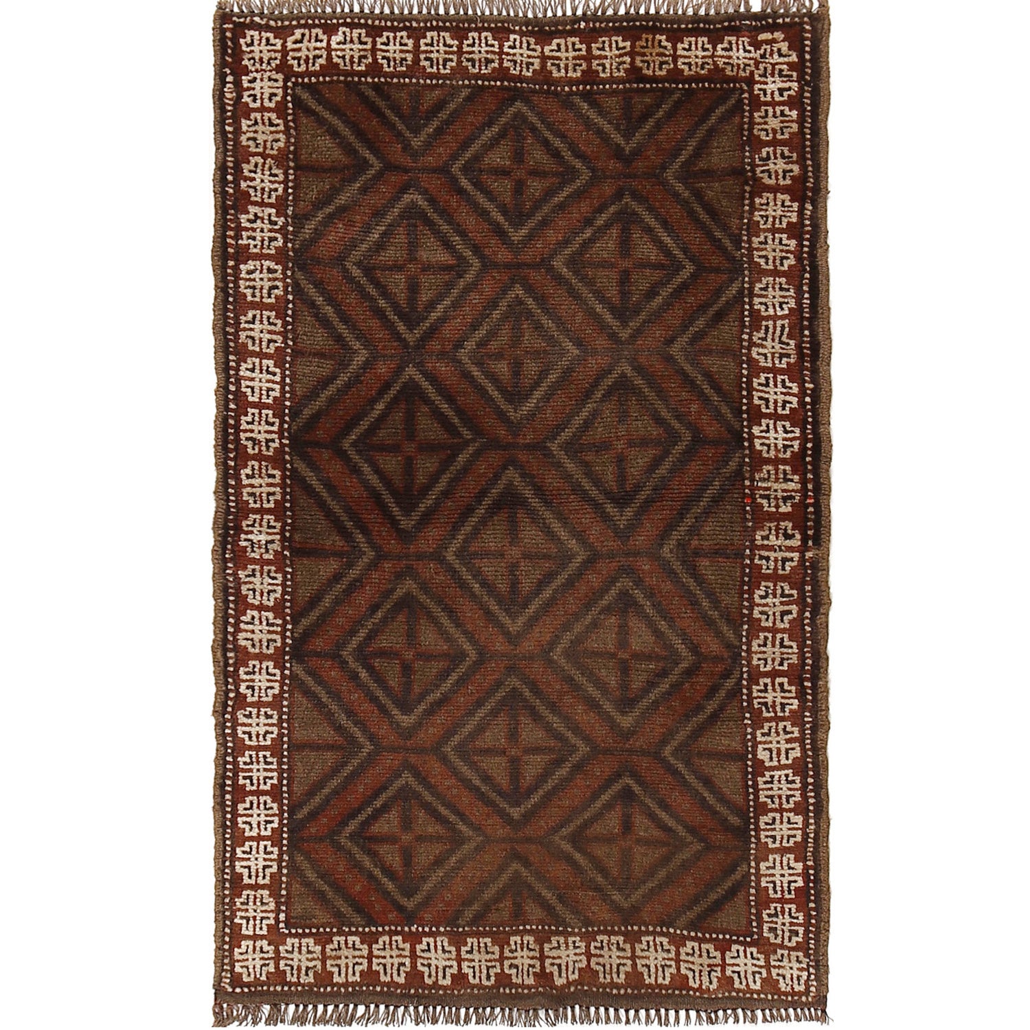 Overdyed Area Rug Handmade Brown Geometric 2x4 ft