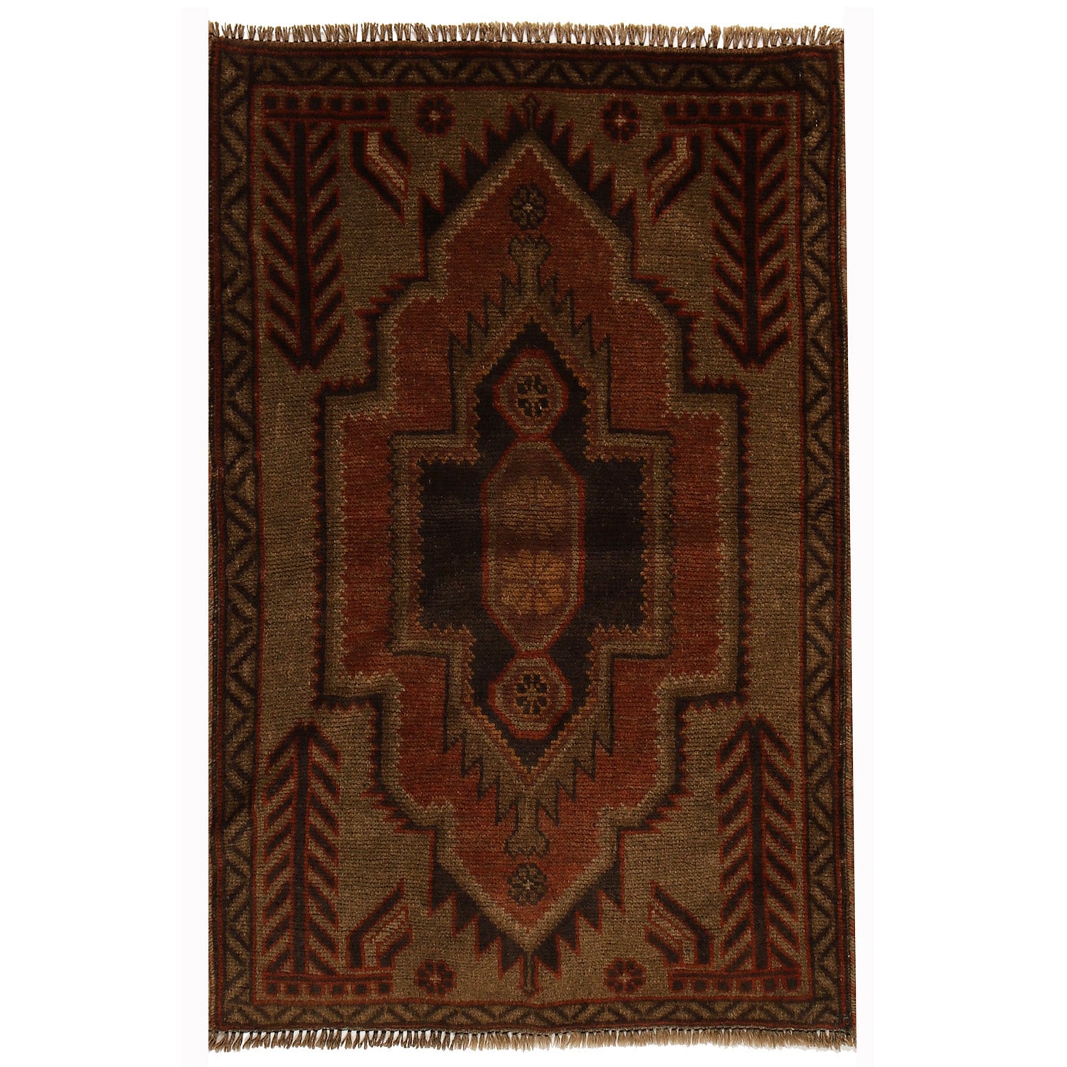 Overdyed Area Rug Handmade Brown Geometric 2x4 ft