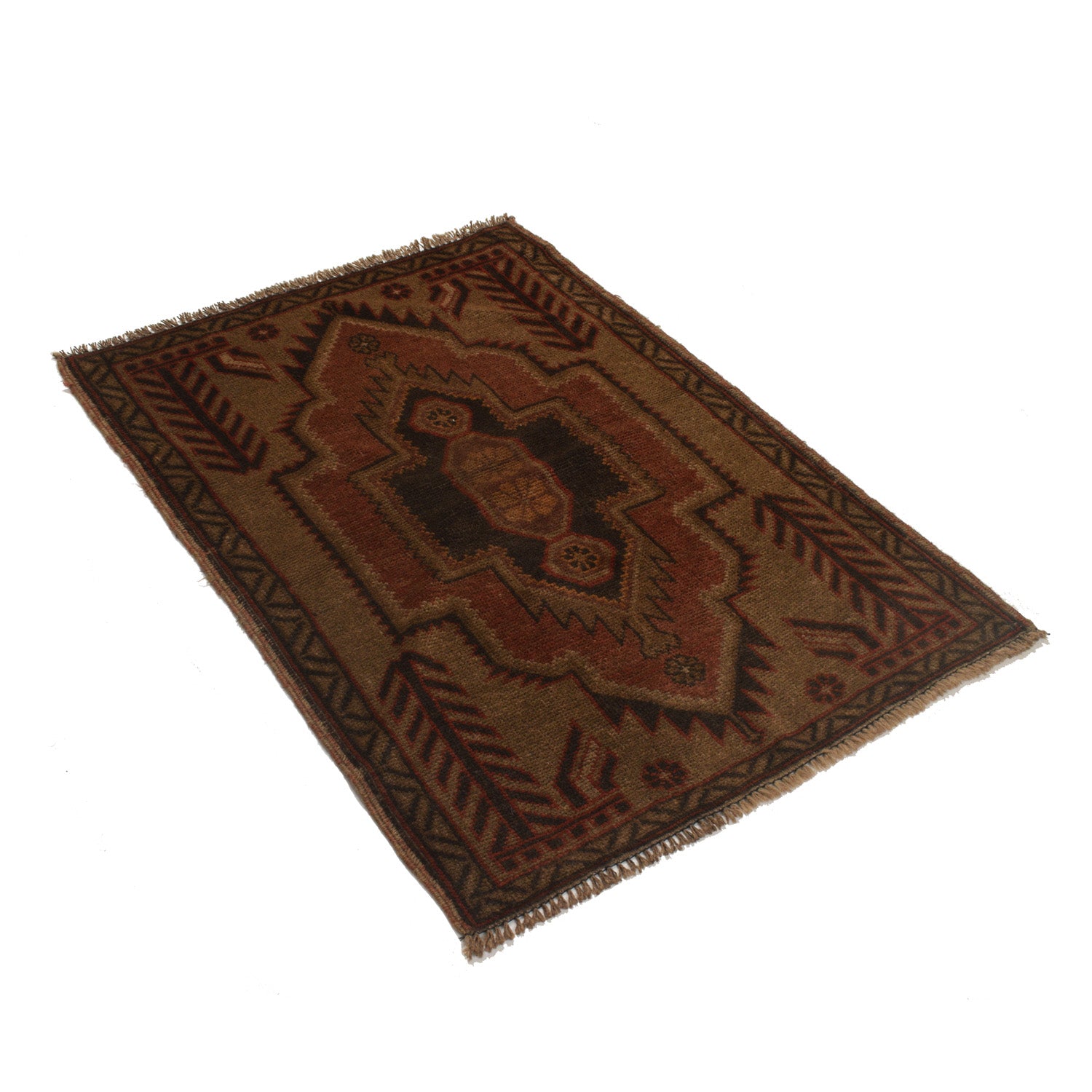 Overdyed Area Rug Handmade Brown Geometric 2x4 ft