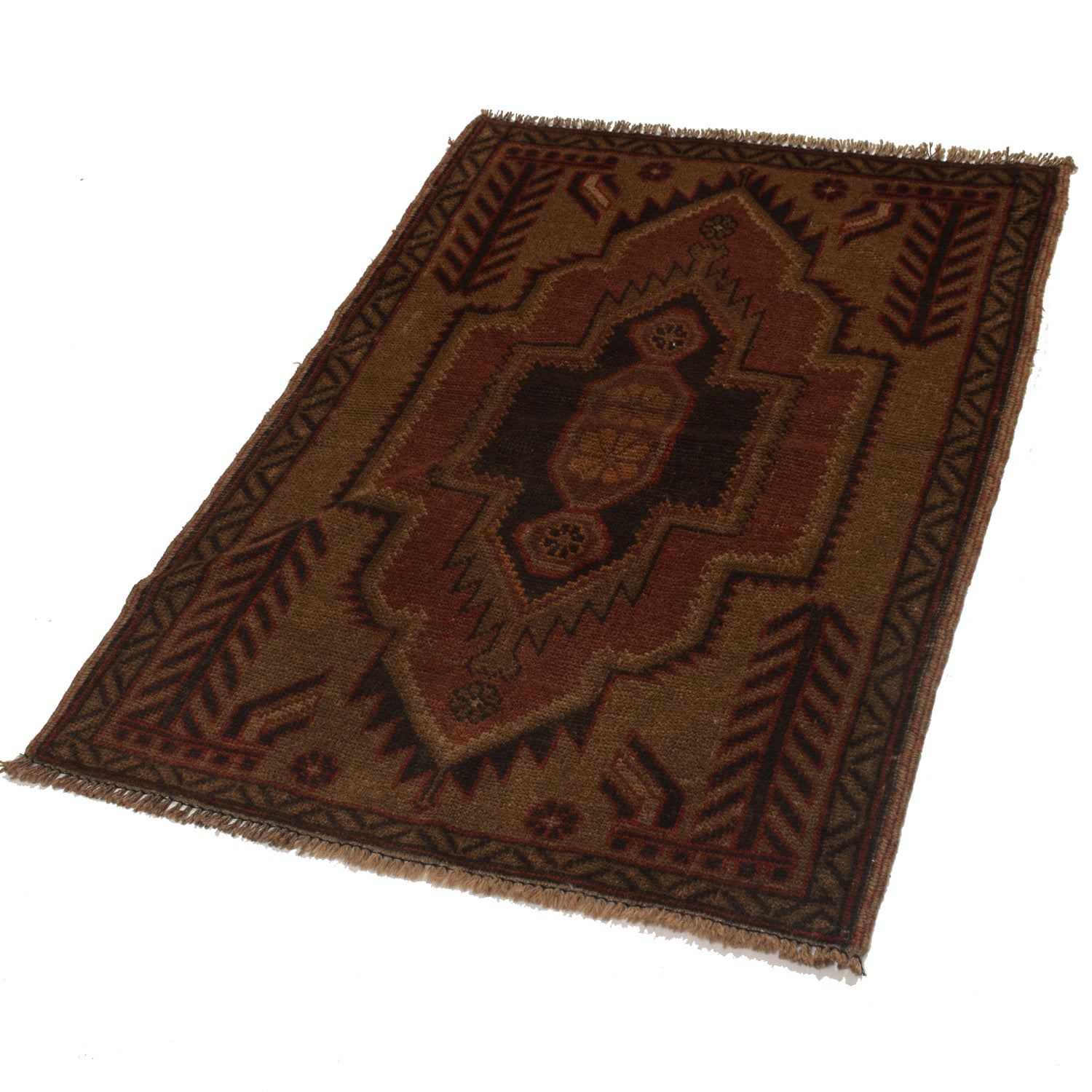 Overdyed Area Rug Handmade Brown Geometric 2x4 ft
