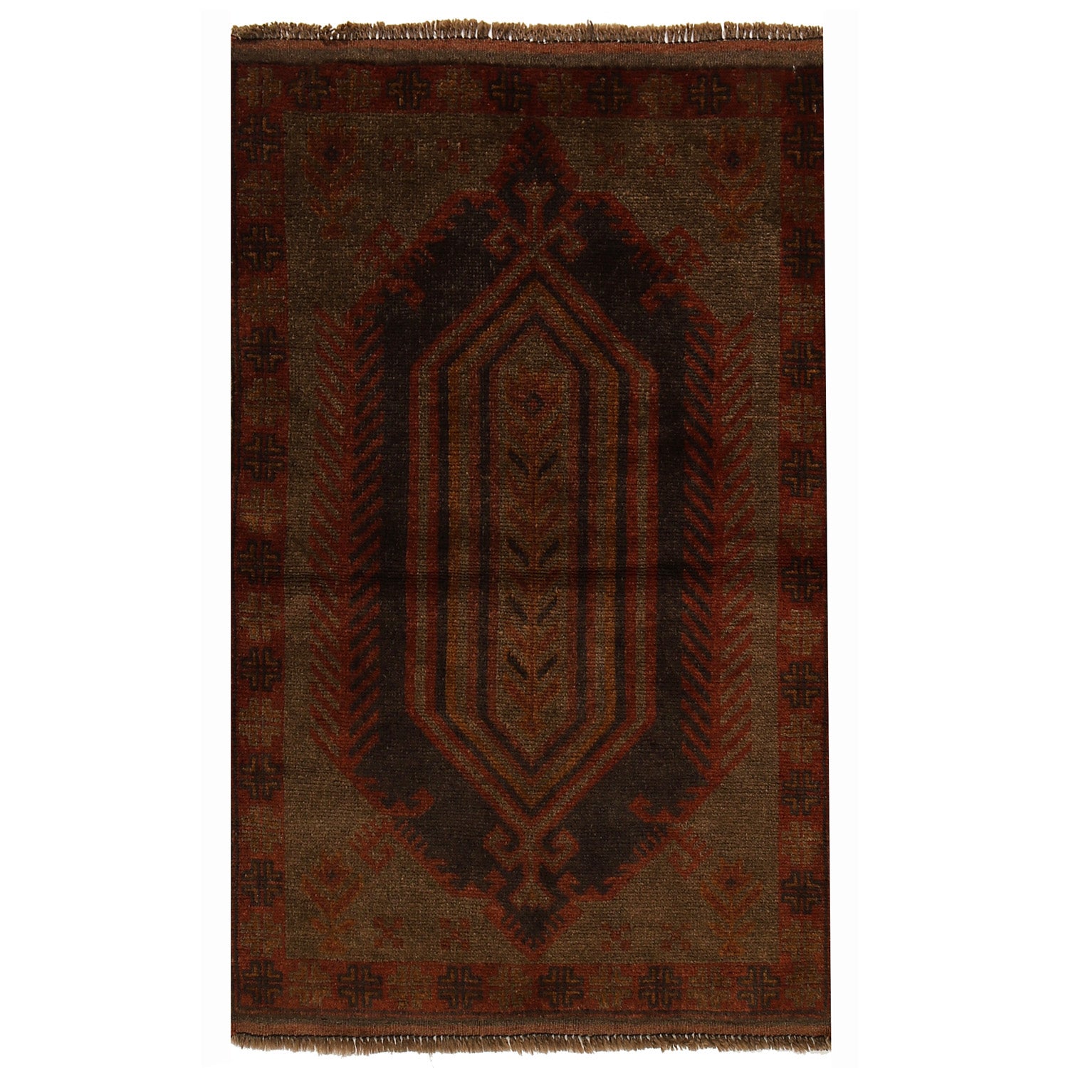 Overdyed Area Rug Handmade Brown Geometric 2x4 ft
