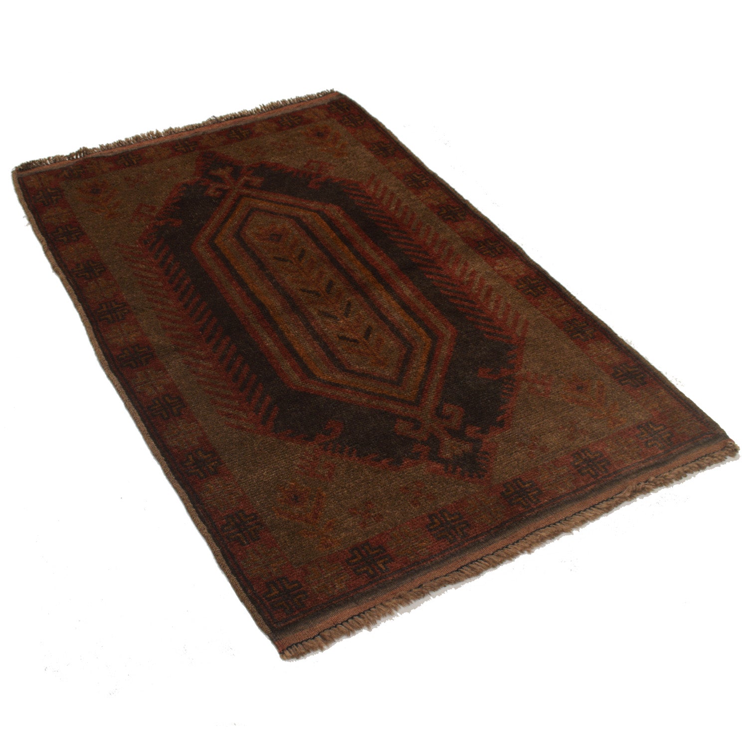 Overdyed Area Rug Handmade Brown Geometric 2x4 ft