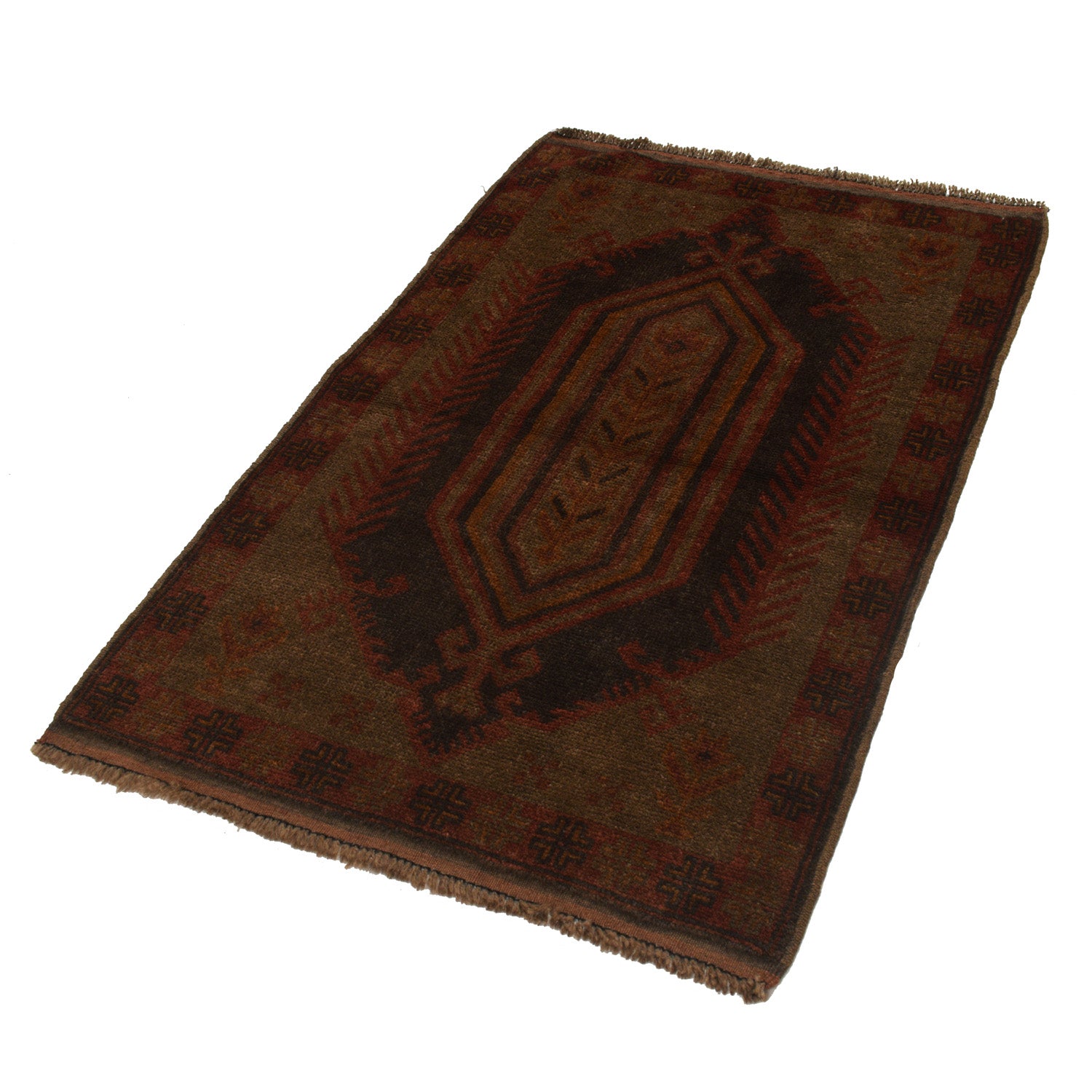Overdyed Area Rug Handmade Brown Geometric 2x4 ft