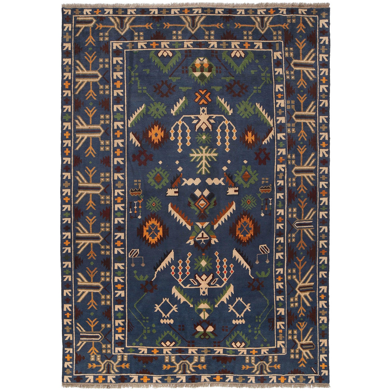 Oushak Area Rug Handmade Medium Denim Blue Floral 7x10 ft