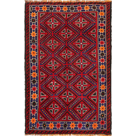 Baluchi Rug Handmade Red Geometric 3x5 ft