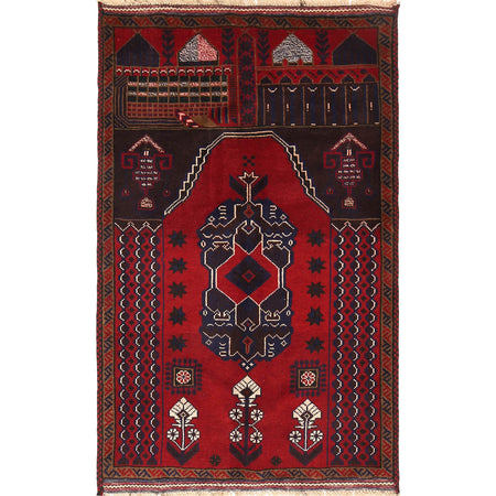 Baluchi Rug Handmade Red Prayer Design 3x5 ft