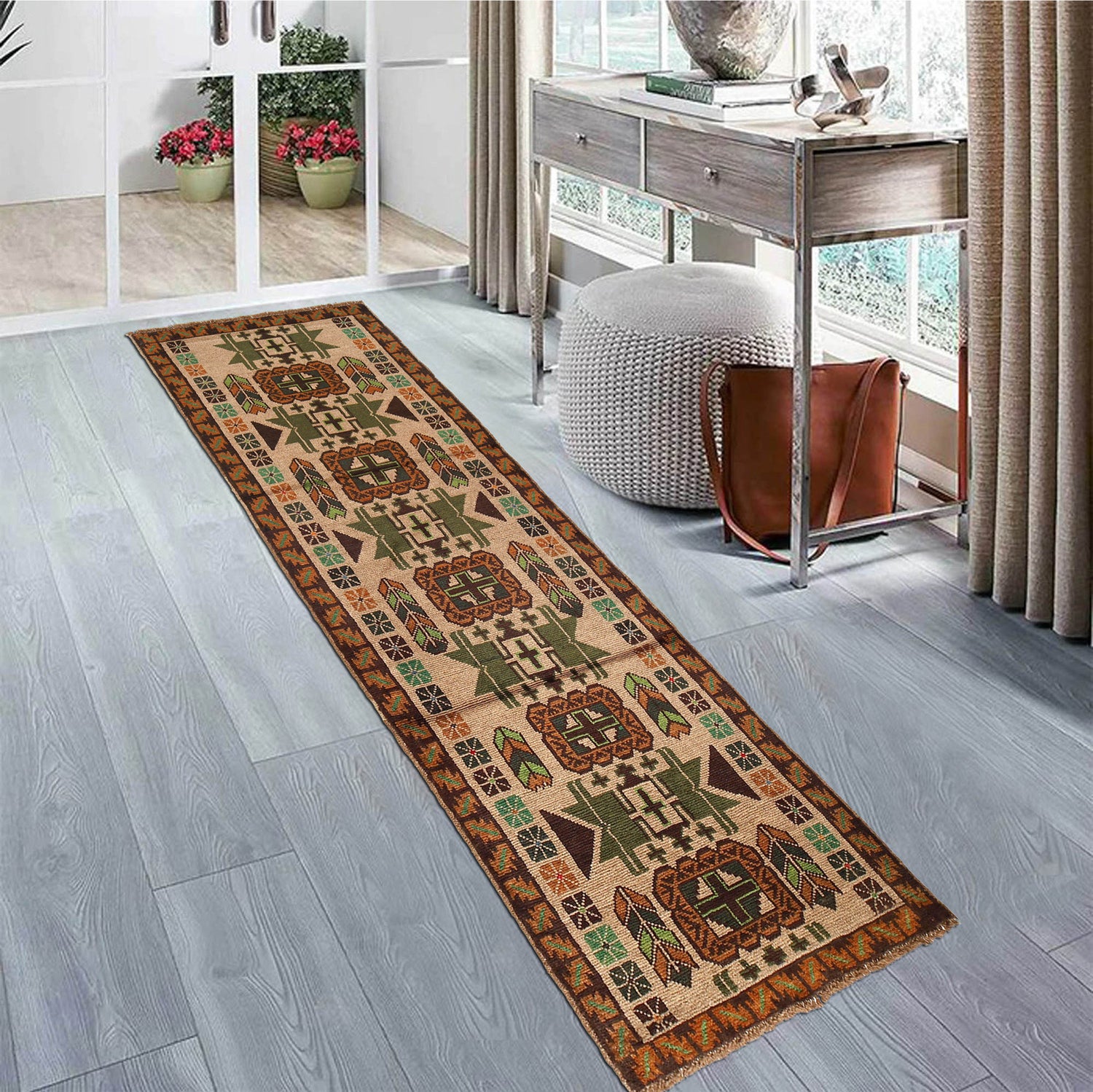 Baluchi Runner Rug Handmade Beige 10' Runner