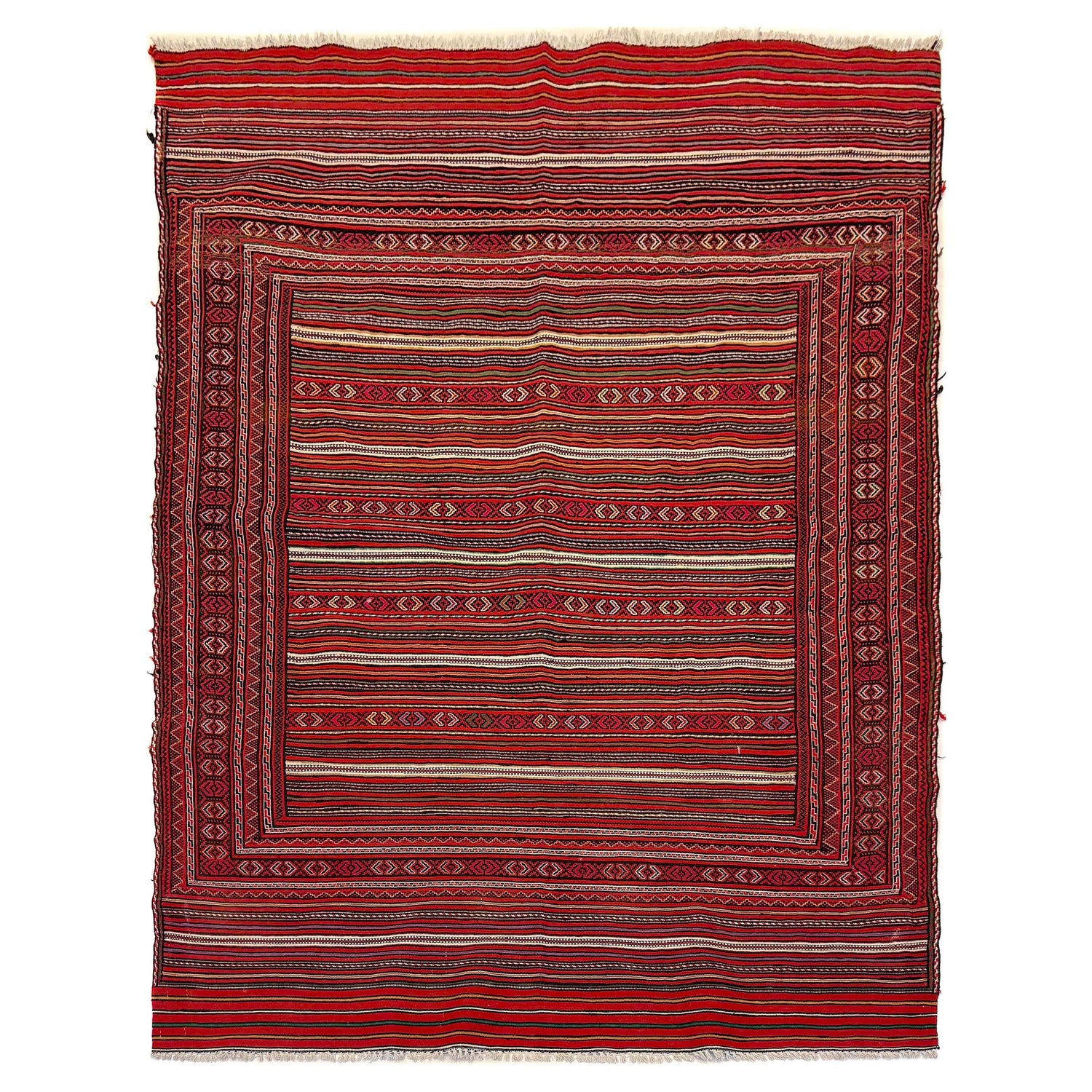 Laghari Kilim Area Rug Handmade Red Geometric 4x7 ft