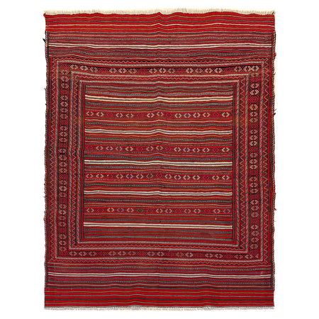 Laghari Kilim Area Rug Handmade Red Geometric 4x7 ft