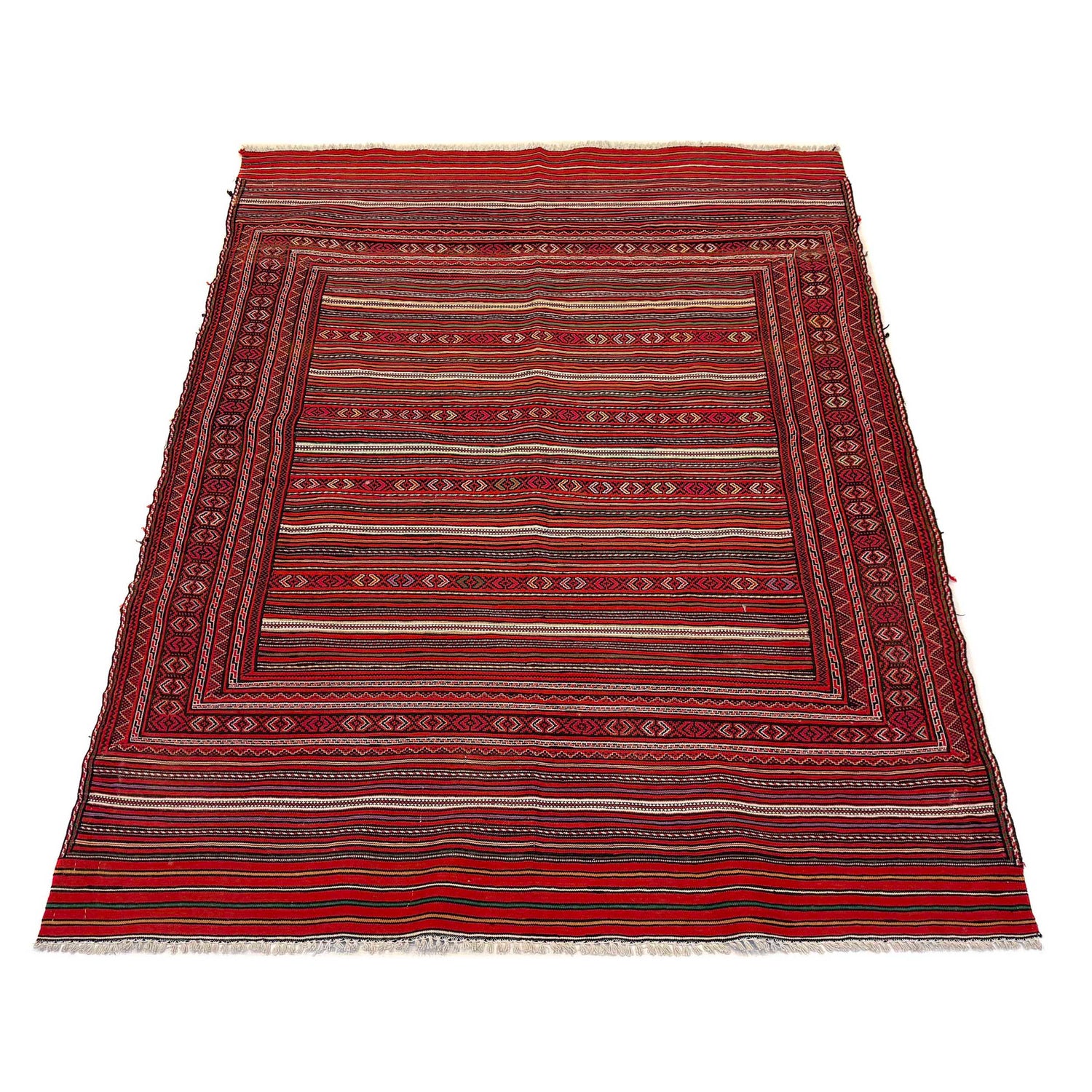 Laghari Kilim Area Rug Handmade Red Geometric 4x7 ft