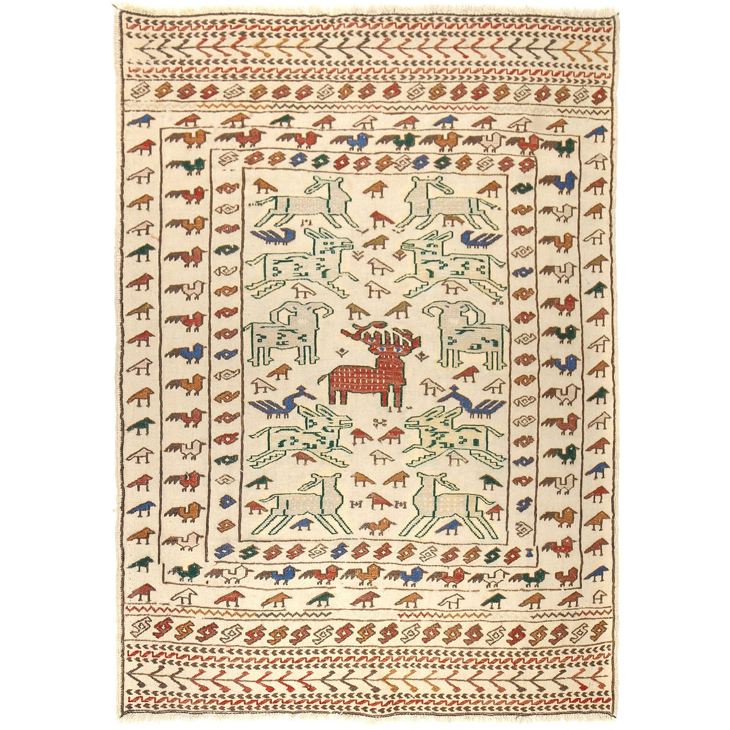 Soumak Kilim Area Rug Handmade White Pictorial 4x6 ft