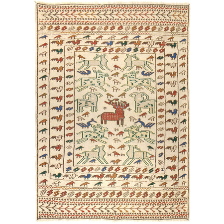 Soumak Kilim Area Rug Handmade White Pictorial 4x6 ft