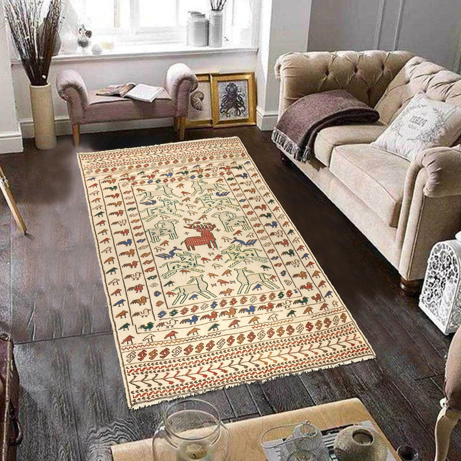 Soumak Kilim Area Rug Handmade White Pictorial 4x6 ft
