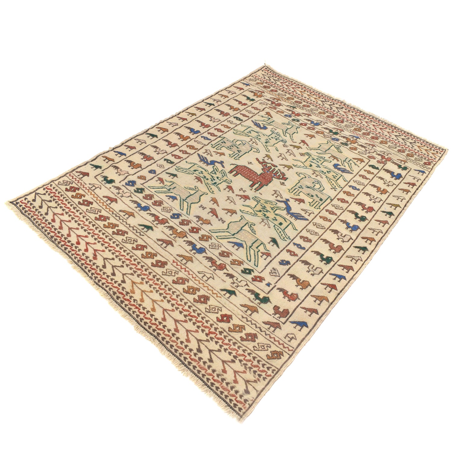 Soumak Kilim Area Rug Handmade White Pictorial 4x6 ft