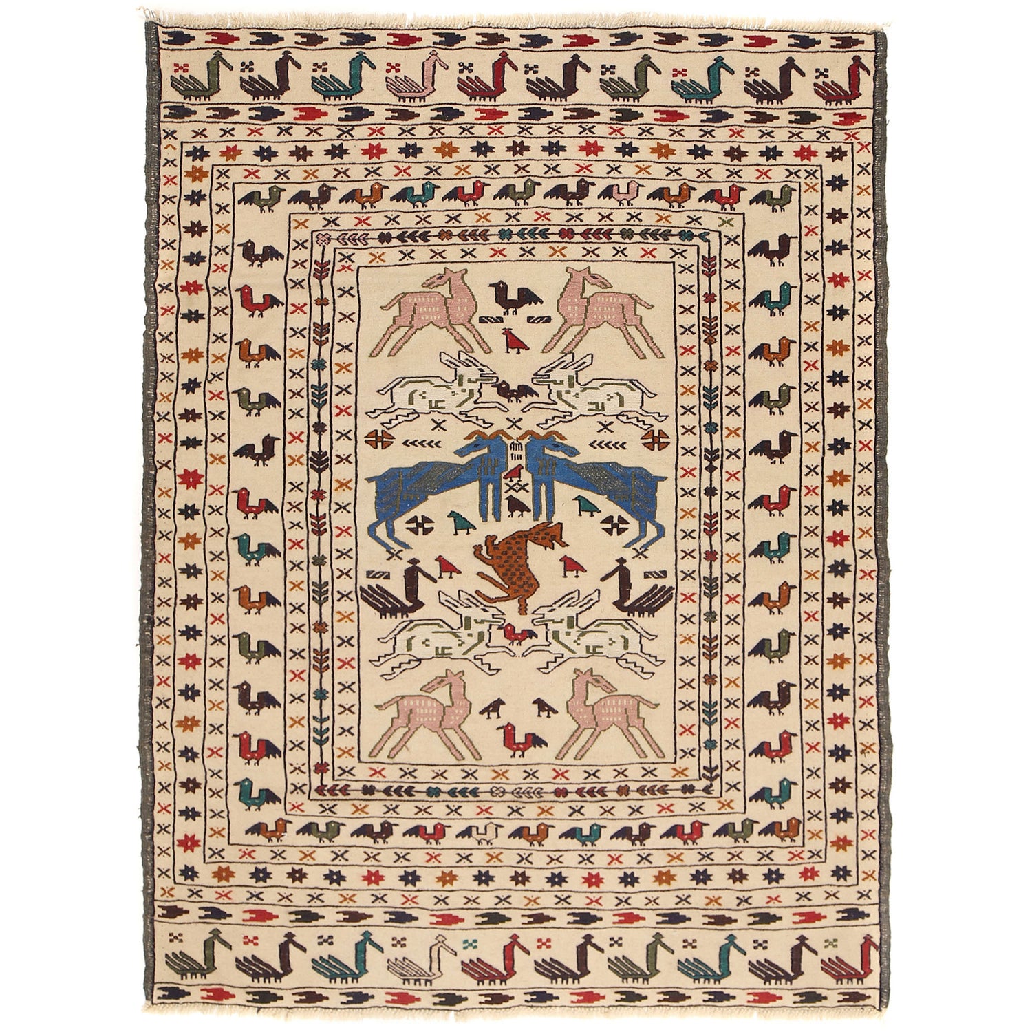 Soumak Kilim Area Rug Handmade White Pictorial 4x6 ft