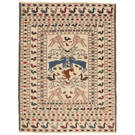Soumak Kilim Area Rug Handmade White Pictorial 4x6 ft