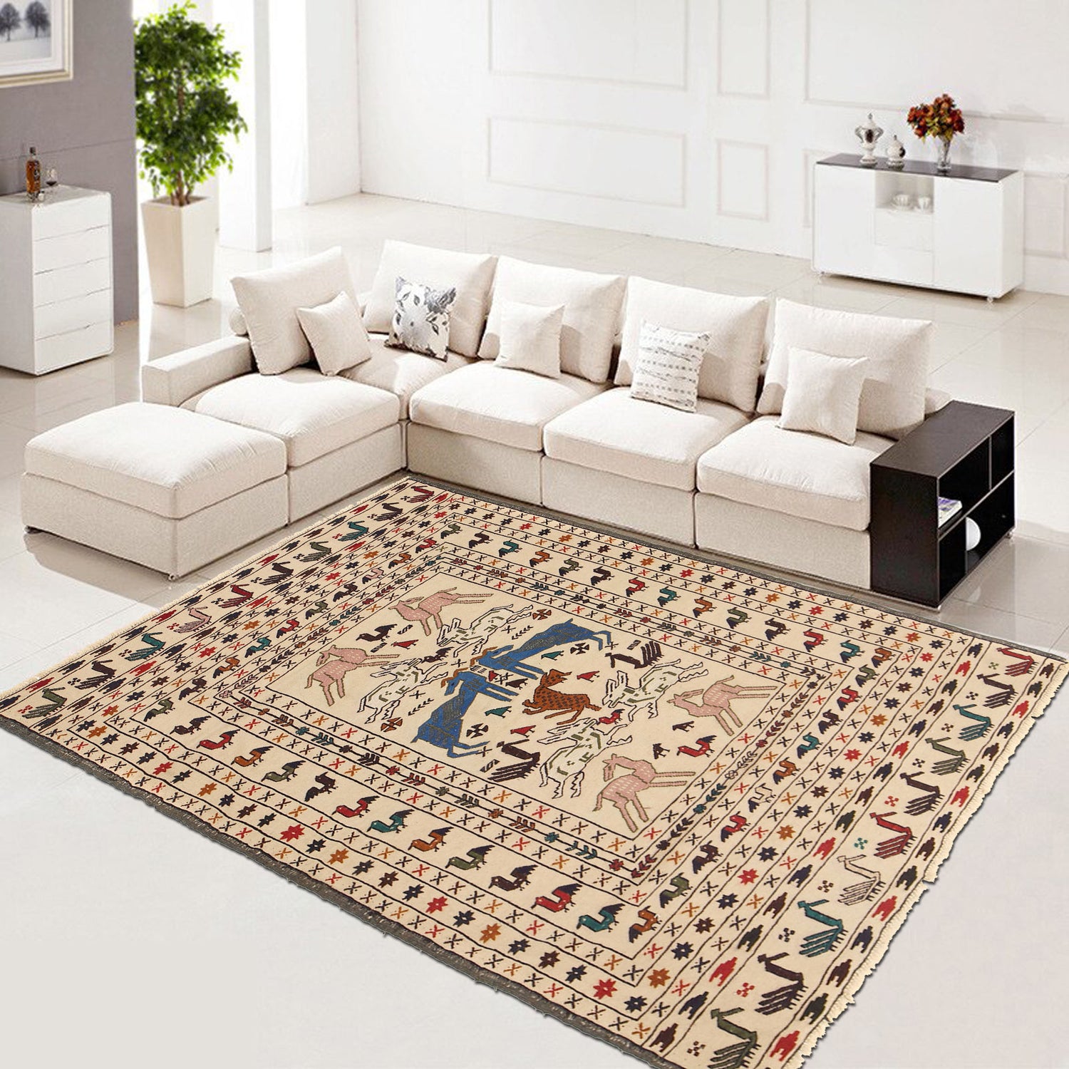 Soumak Kilim Area Rug Handmade White Pictorial 4x6 ft