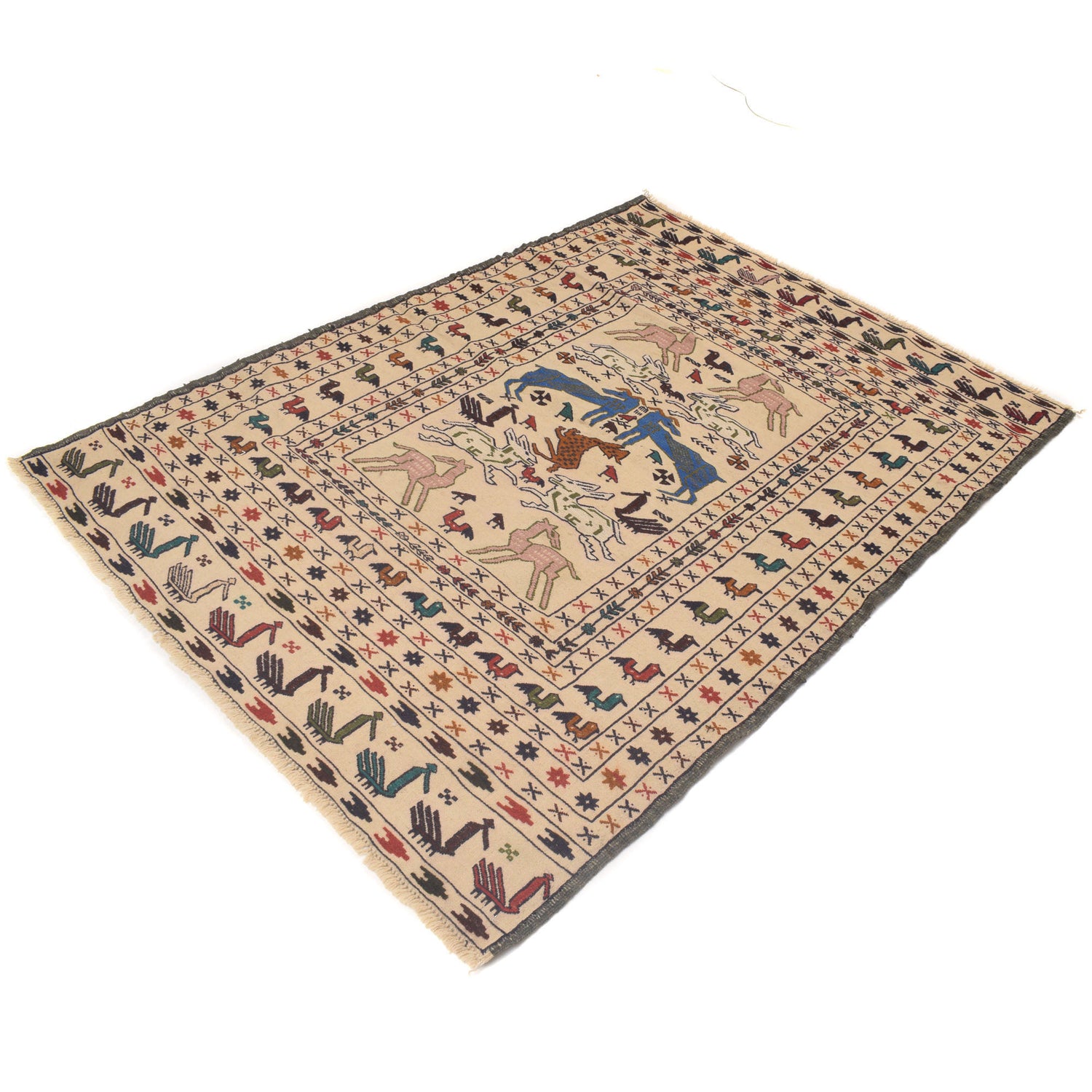 Soumak Kilim Area Rug Handmade White Pictorial 4x6 ft
