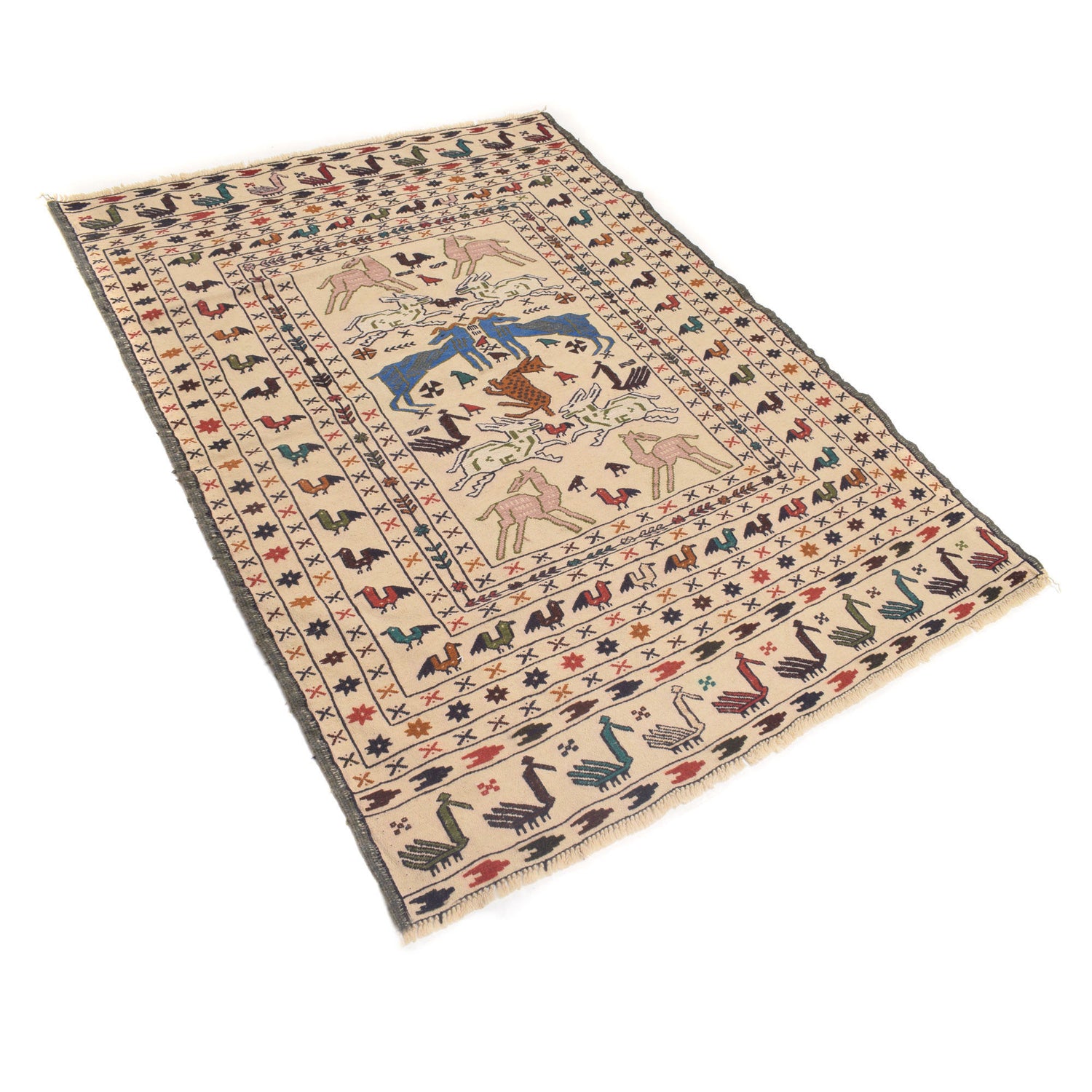 Soumak Kilim Area Rug Handmade White Pictorial 4x6 ft