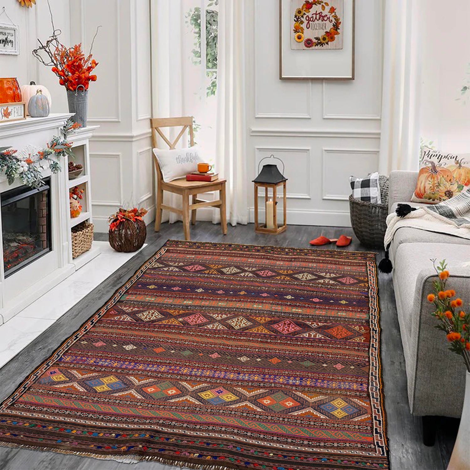 Laghari Kilim Area Rug Handmade Multi Geometric 4x7 ft