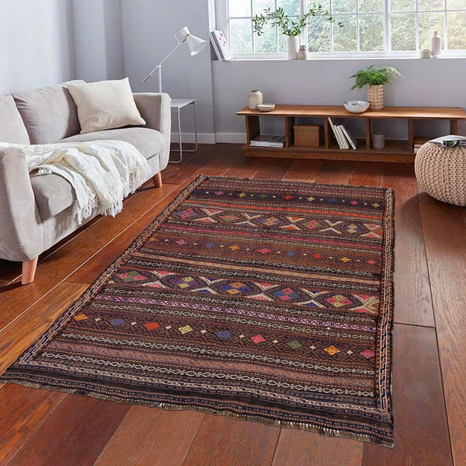 Laghari Kilim Area Rug Handmade Multi Geometric 4x7 ft