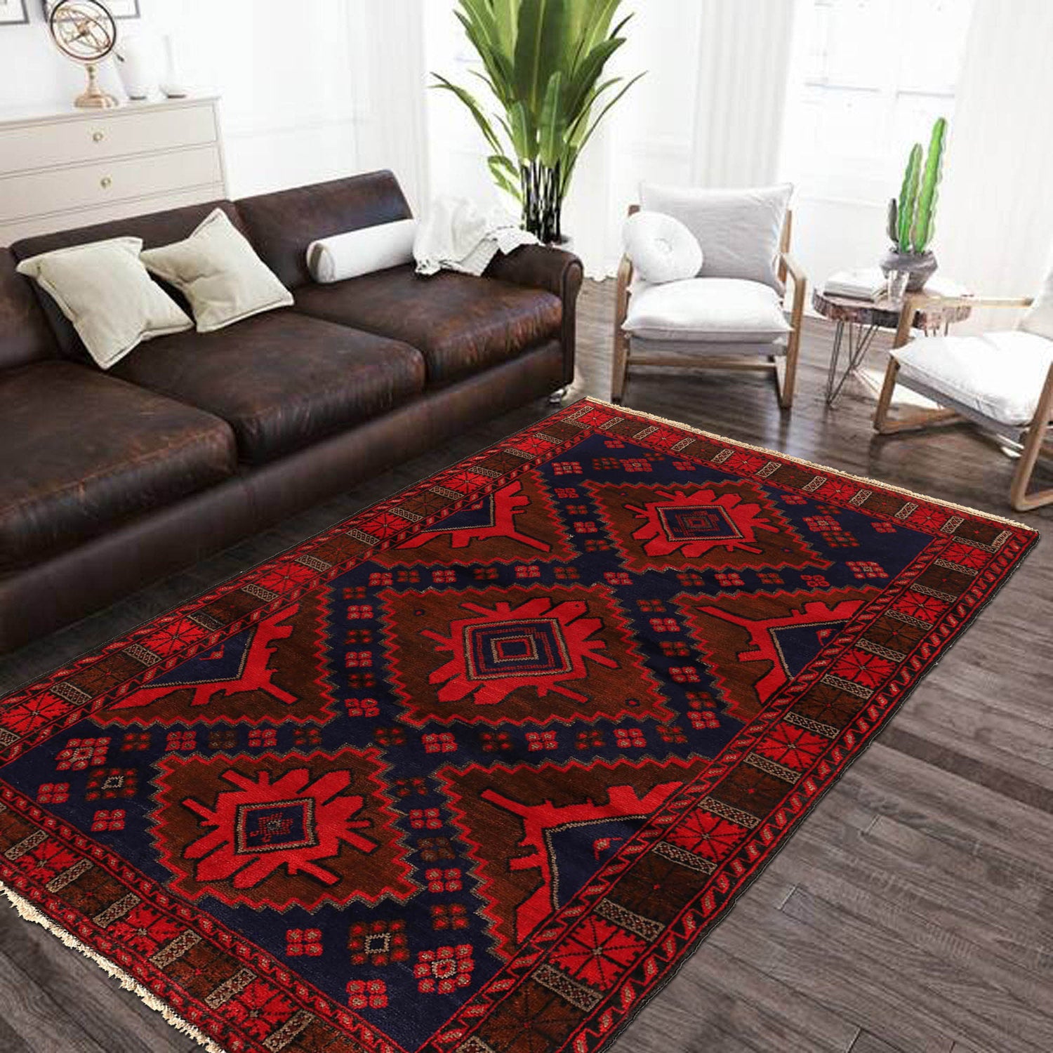 Baluchi Rug Handmade Navy Blue Floral 4x7 ft