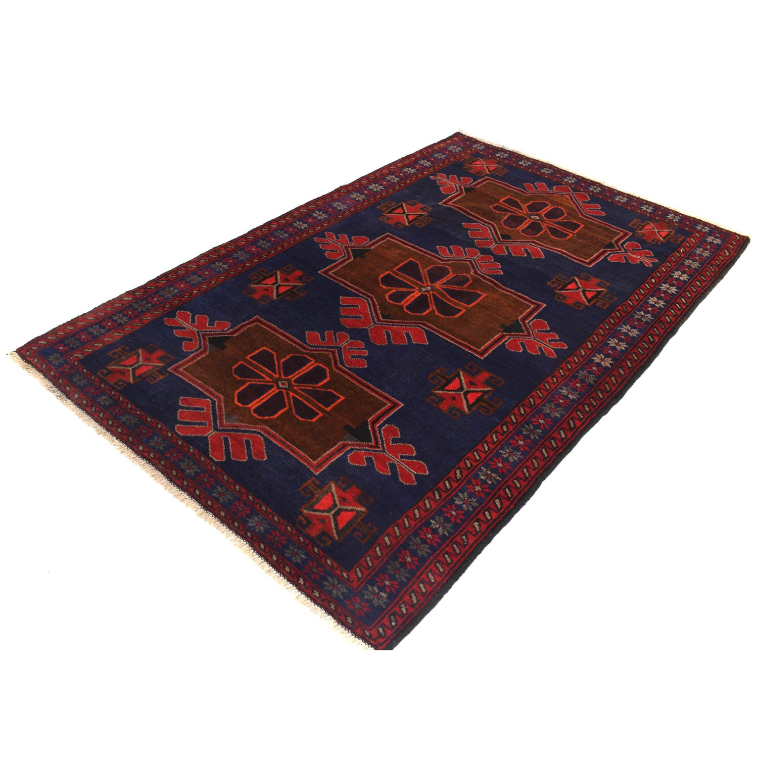 Baluchi Rug Handmade Navy Blue Floral 4x7 ft