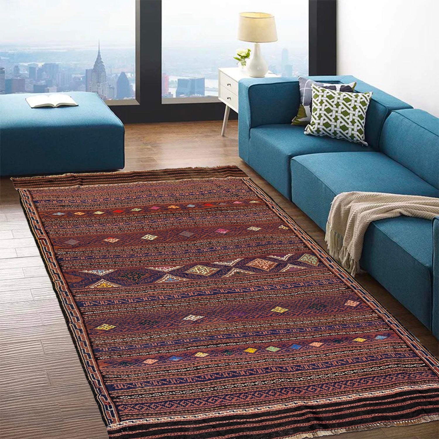 Laghari Kilim Area Rug Handmade Multi Geometric 4x7 ft
